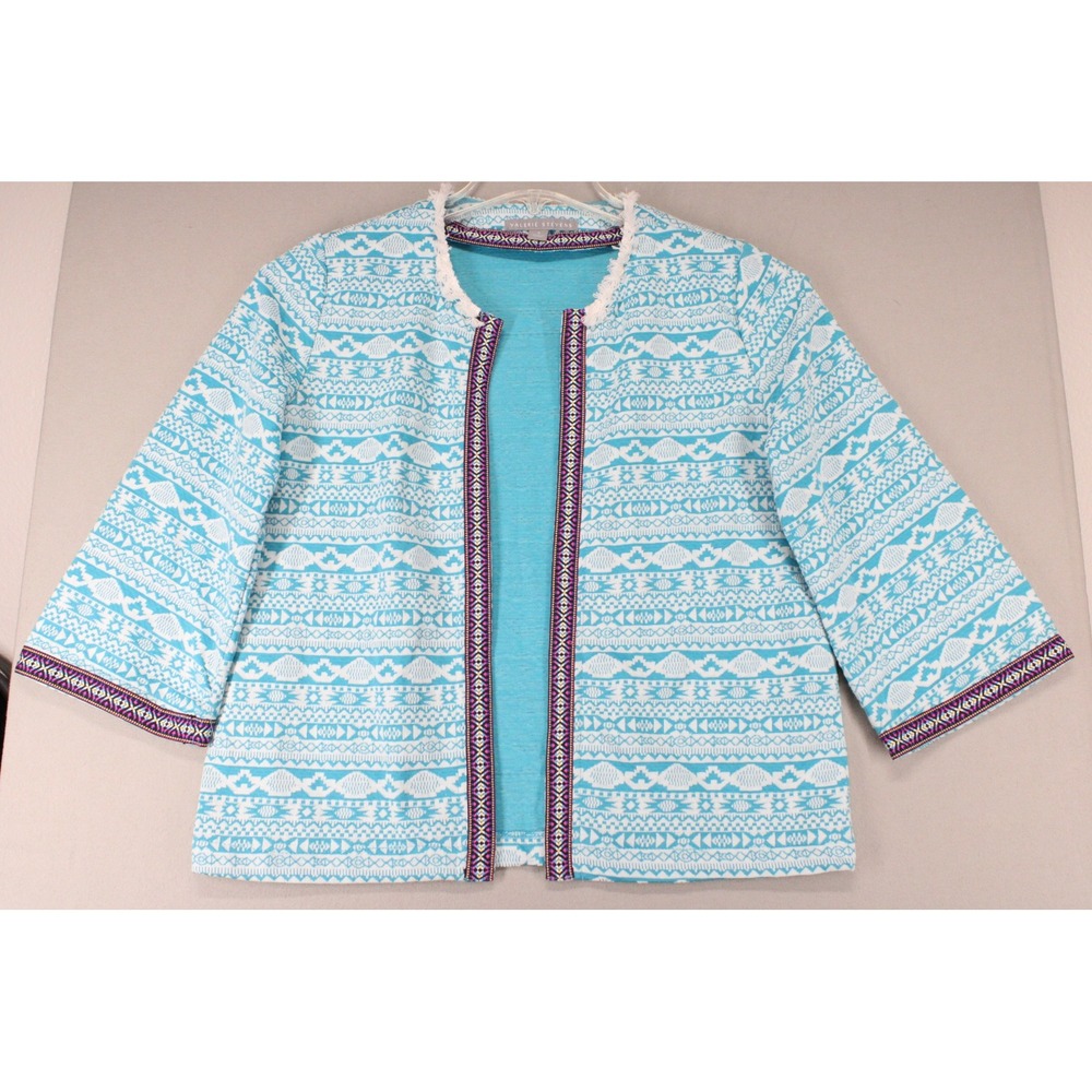 Valerie Stevens Open Front Jacket Womens S Blue Geometric Tribal Boho Cardigan